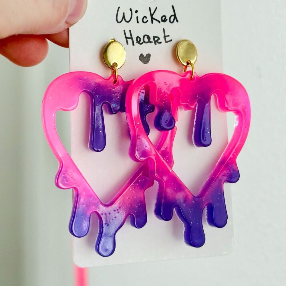 Glow in the Dark Heart Earrings with Neon Drips Handmade Resin Halloween Jewelry